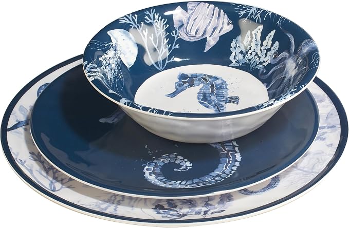 Sea Life Melamine 12 Piece Dinnerware Set – Service for 4 Coastal Themed Plates and Bowls with Ocean Art, Reusable Nautical Dinnerware for Indoor/Outdoor Dining, Dishwasher Safe, Break-Resistant