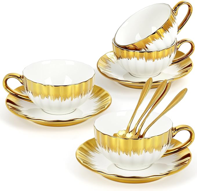 Cappuccino Cups with Saucers and Sakura Spoons, 8 oz Ceramic Espresso Cup Set of 4, Gold-Trim Coffee Cup Mugs for Latte, Tea, Kitchen or Café, Microwave and Dishwasher Safe