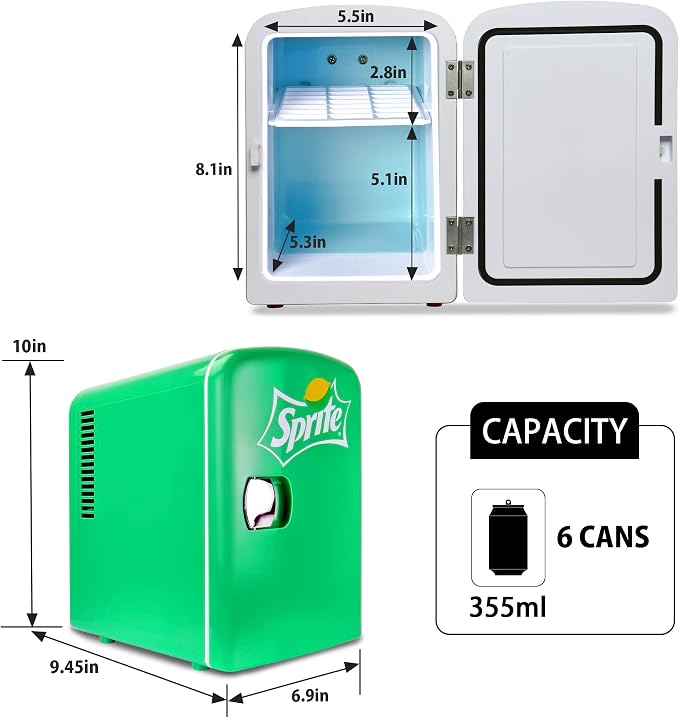 Koolatron Sprite Mini Fridge - 6 Can Refrigerator for Bedroom Office, Portable Table Top Beverage Cooler, 12V 110V Refrigerador For Drinks, Soda, Wines, Use In Car, Dorm, Outdoor, Patio