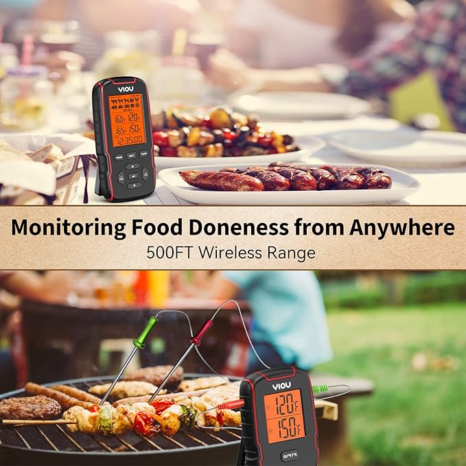 YIOU Wireless Meat Thermometer for Cooking, Digital Meat Thermometer with 2 Probes, 500FT Ultra Accurate & Fast Food Thermometer for Oven, Smoker, Red