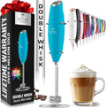 Zulay Kitchen Powerful Double Whisk Milk Frother Handheld - Foam Maker With Stand - Whisk Drink Mixer for Coffee, Mini Foamer for Latte, Matcha, Frappe, Hot Chocolate & Cappuccino - Ocean Blue