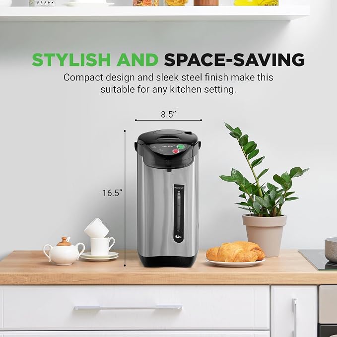NutriChef 5.2 Qt Hot Water Dispenser with 5 Temperature Settings | Digital water boiler with 3 dispensing options, stainless steel interior, safety lock, and quick heating.