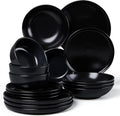 LIANYU 16 Piece Dinnerware Sets with Double Bowls for 4, Modern Ceramic Plates and Bowls Set, Kitchen Round Dinning Ware Dishware Set, Microwave and Dishwasher Safe, Black Onyx