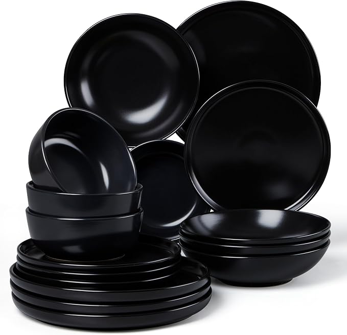LIANYU 16 Piece Dinnerware Sets with Double Bowls for 4, Modern Ceramic Plates and Bowls Set, Kitchen Round Dinning Ware Dishware Set, Microwave and Dishwasher Safe, Black Onyx