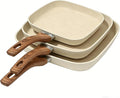 Simple Deluxe 3 Pieces Nonstick Grill Pan Set, Square Versatile Griddle Pans with Wooden Handle, Durable Skillet Indoor & Outdoor Use, All Stovetops Compatible(9.5", 10.2", 11"), PFOA Free, Beige