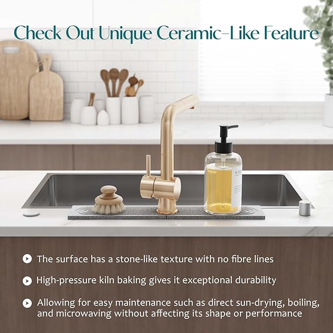 Stone Faucet Mat for Kitchen Sink, Diatomite Stone Drying Mat for Kitchen Counter, 2026 Upgraded Dishwasher-Safe & Ultra Absorbent, Chemical-Free Stone Dish Mat for Bottles Utensils (20" x 3.9")