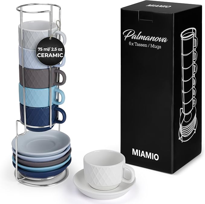 MIAMIO - 6 x 2.5 oz Stoneware Espresso Mug, Cup Set Modern with Stand and Saucers - Palmanova Collection (Ocean Blue)