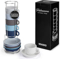 MIAMIO - 6 x 2.5 oz Stoneware Espresso Mug, Cup Set Modern with Stand and Saucers - Palmanova Collection (Ocean Blue)
