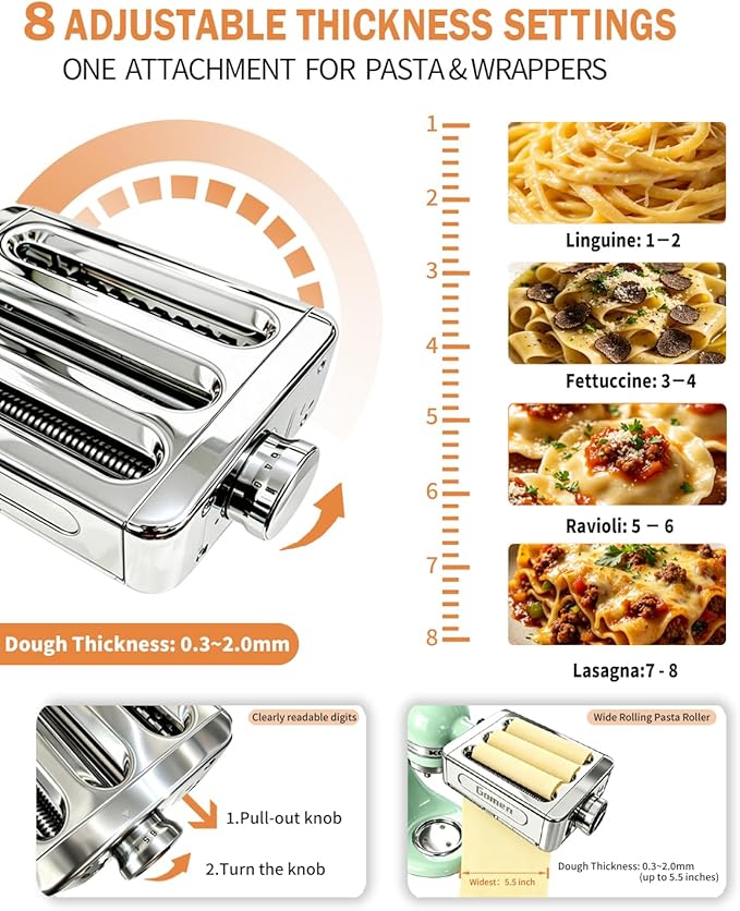 All Metal 3 In 1 Pasta Attachment for Kitchenaid Stand Mixer, Heavy Duty Pasta Maker Machine with Roller & Cutter Set, Noodle Accessories for Fresh Homemade Pasta, Spaghetti & Fettuccine
