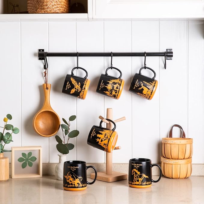 AmorArc 18oz Large Coffee Mugs Set of 6, Ceramic Coffee Mugs with Animal Wildlife Textured Patterns for Tea Latte Cocoa. Easy to Hold&Clean, Dishwasher&Microwave Safe, Matt Black