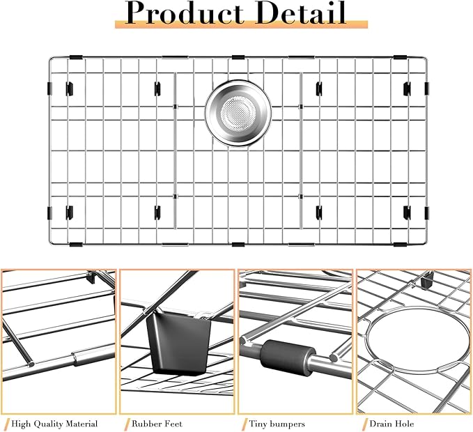 28-3/8’’ x 14-3/16’’ Sink Protectors for Kitchen Sink, Stainless Steel Kitchen Sink Protector, Sink Grate for Bottom of Kitchen Sink with Rear Drain, Sink Grid for Single Bowl Kitchen Sink