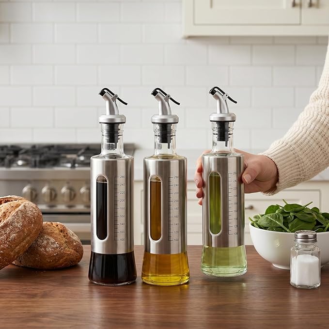 Olive Oil Dispenser for Kitchen, 2 Pack 10oz/300 ML Cooking Oil and Vinegar Dispenser Set with 20 Labels Stainless Steel Funnel, Olive Oil Bottle, Soy Sauce Dispenser, Coffee Syrup Bottles