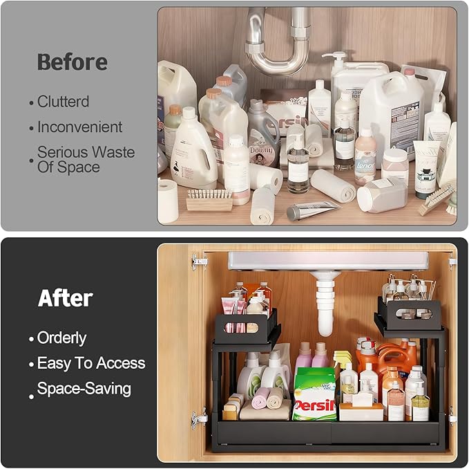 Buwico Expandable under cabinet organizer, 2-Tier under sink organizer with Reinforced Ball-Bearing slide rail, Slide-Out sink Shelf Height Adjustable, Durable and rust-proof for Kitchen & Bathroom