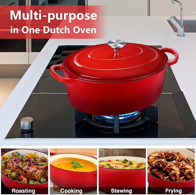 P&P CHEF Oval Dutch Oven with Lid, Enameled Cast Dutch Oven Pot for Bread Baking, Braising, Stewing, Roasting, Non-Stick & Oven Safe, Dual Handles & Easy Clean, 7QT & Red, Valentine's Day