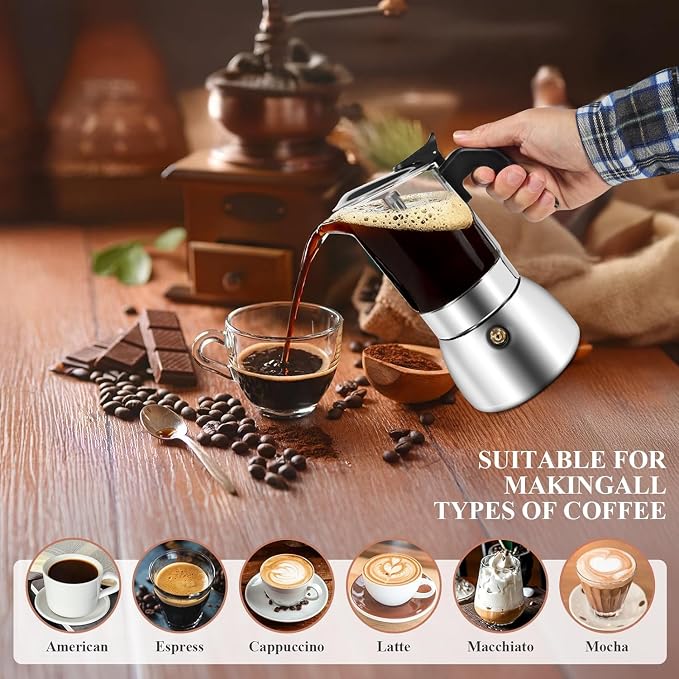 Moka Pot Stovetop Espresso Maker, Crystal Glass Top 304 Stainless Steel Coffee Brewer, 300ml 6-Cup Italian Coffee Pot for Gas Stove Home Kitchen & Camping