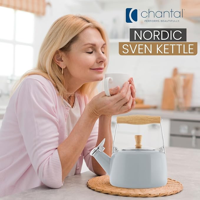 Chantal SVEN Enamel on Steel Whistling Teakettle with Natural Wood handle, 1.4 quarts (Fog Grey)