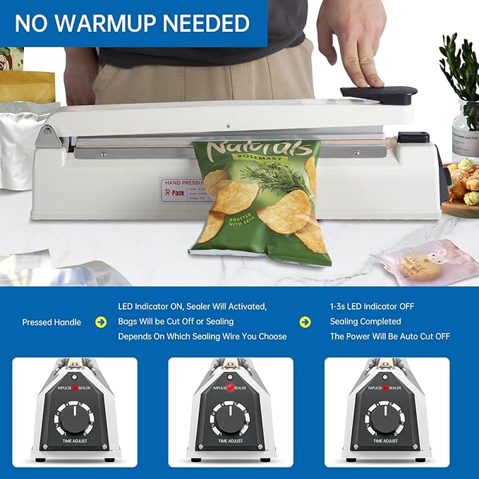 Impulse Heat Sealer with Seal bar, Heavy-Duty Bag Sealing & Cutting Machine, 2 Extra Replacements (white, 8inch)