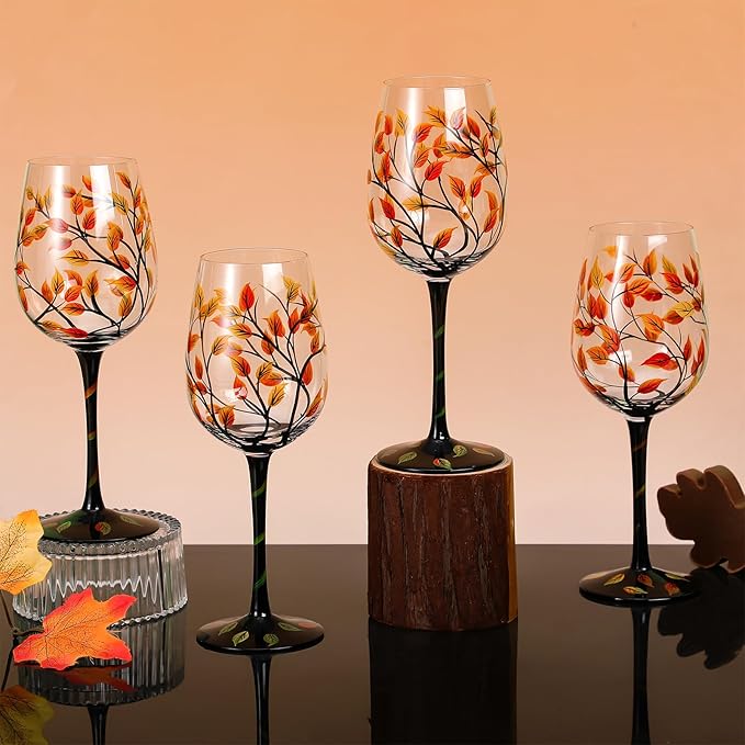 SiliFine 4 Pcs Autumn Fall Leaves Theme Party Stemmed Wine Glasses Hand Painted Drinking Cup Wine Glasses Gifts for Birthday Theme Holiday Party Supplies