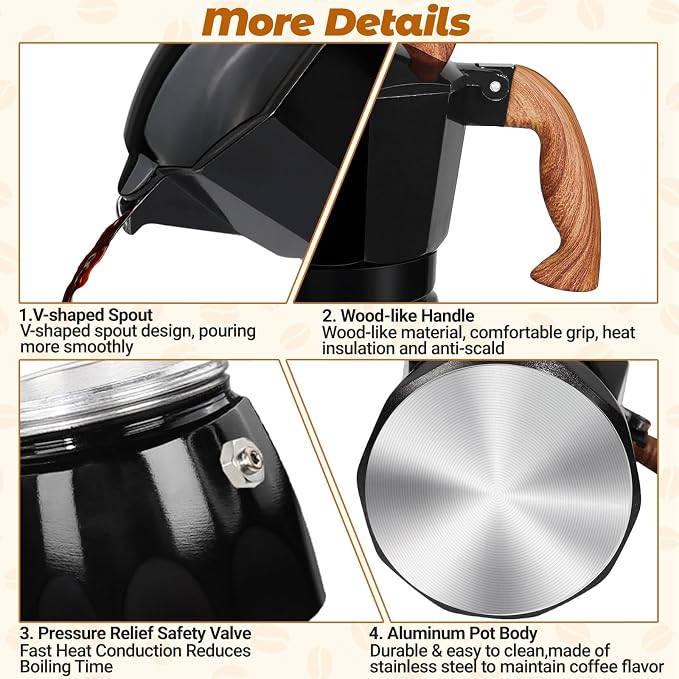 3 Cup Aluminum Moka Pot Classic Stovetop Espresso Coffee Maker 150ml 5oz Coffeemaker Percolator Mocha Pot Greca Coffee Maker Cafe Makers for Italian and Cuban Café Brewing Black