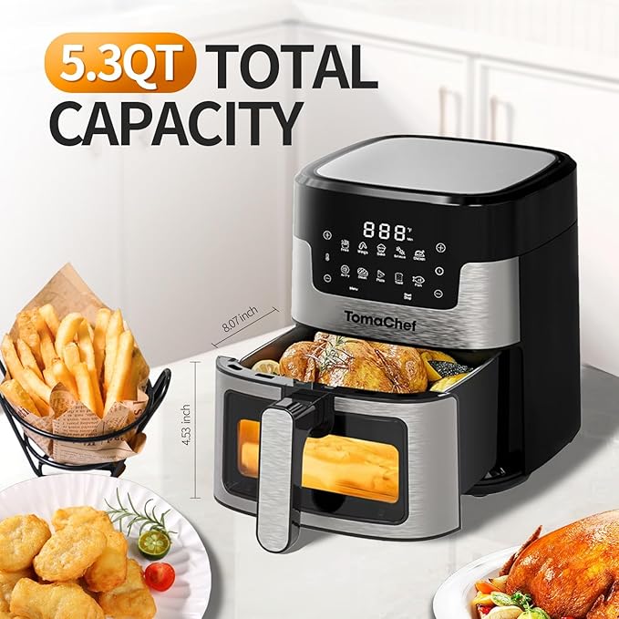 TomaChef Air Fryer 10-in-1, 5.3QT Compact Oil Free Cooker with Visible Window, Healthy Cooking, Digital Control for Family, Mothers Day Gifts for Mom, Fries, Fish, Bake, Cake, DIY（Black）