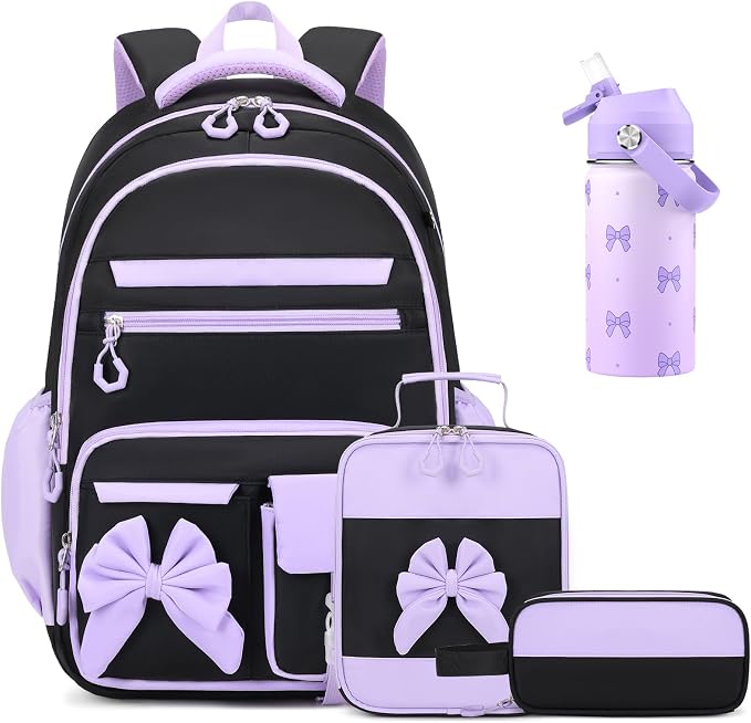 DIGOBAY Girls Backpack - Includes 14oz Insulated Water Bottle, Girls School Backpack Set with Lunch Bag & Pencil Case Teens for School (Black-Purple)