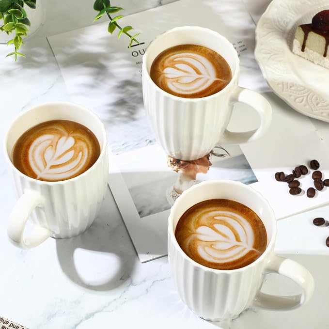 CHENGU Ribbed Coffee Mugs Set of 12, 14 oz Ceramic Coffee Cups with Big Handle, Large Modern White Ribbed Design Tea Cup for Latte, Cocoa, Milk, Hot Cocoa, Microwave & Dishwasher Safe
