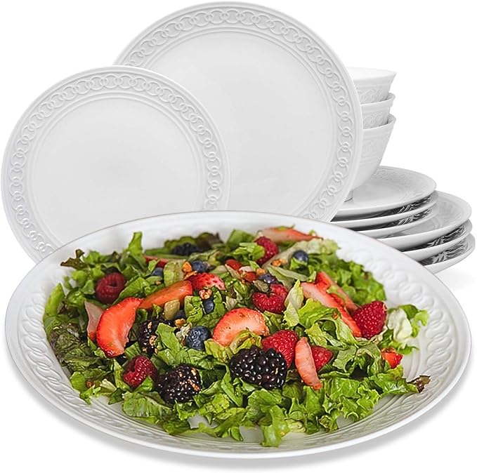 Annovero Plates and Bowls Sets - Dishes Set for 4 - Microwave Safe - 12 Piece Porcelain Dinnerware for Kitchen - Includes 4 Dinner & 4 Appetizer Plates, 4 Cereal Bowls - Zero Lead & Cadmium