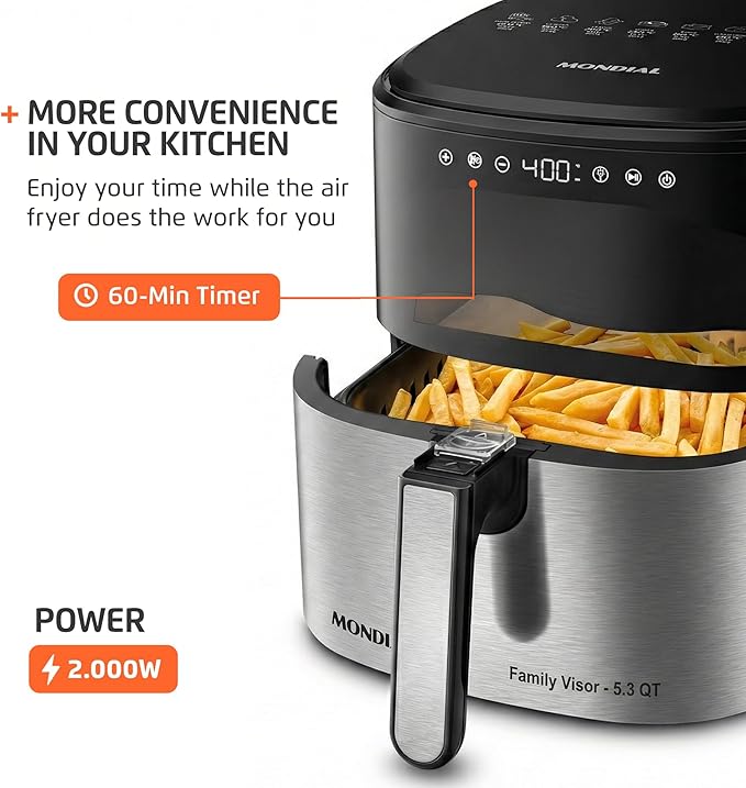 Mondial - Air Fryer Digital Visor Inox 5.3QT Capacity - High Power & Elegant Stainless Steel Finish - Black & Inox