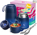 2 Pack Insulated Food Jar Set, 26oz & 18oz Stainless Steel Vacuum Insulated Soup Containers for Hot Food, Leak-Proof Thermal Food Jars with Spoons, Cute Stylish Design for School, Work & Travel (Blue)