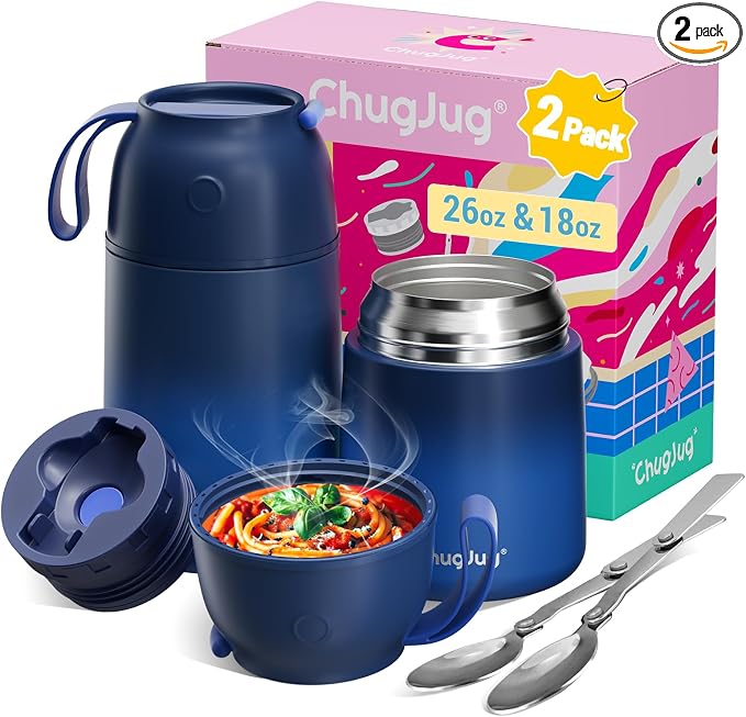 2 Pack Insulated Food Jar Set, 26oz & 18oz Stainless Steel Vacuum Insulated Soup Containers for Hot Food, Leak-Proof Thermal Food Jars with Spoons, Cute Stylish Design for School, Work & Travel (Blue)