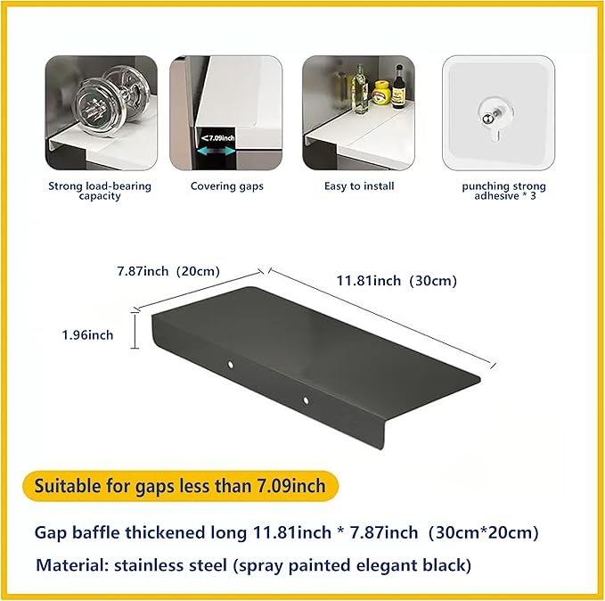 Metal Kitchen Refrigerator Gap Partition Countertop Gap Extension Board,Gap Covers Between Countertop and Walls, Refrigerator Side Partition, No Drill(Black,11.81 * 7.87inch)