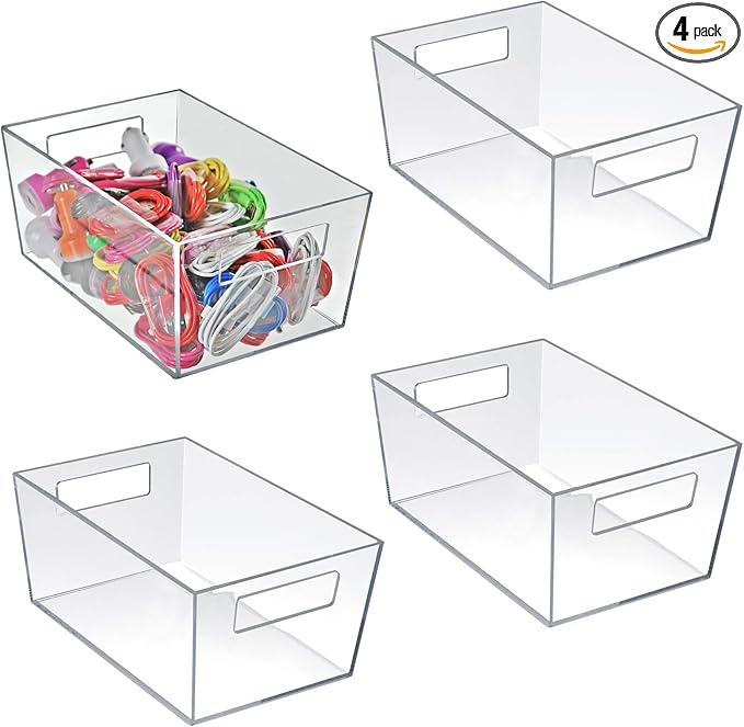 Azar Displays 556235 Medium Clear Plastic Organizer Storage Tote Bin with Handle, Pantry Storage, Kitchen and Fridge Organizer, Cabinet and Drawer Container 10"W x 6.75"D x 4.5"H, 4-Pack