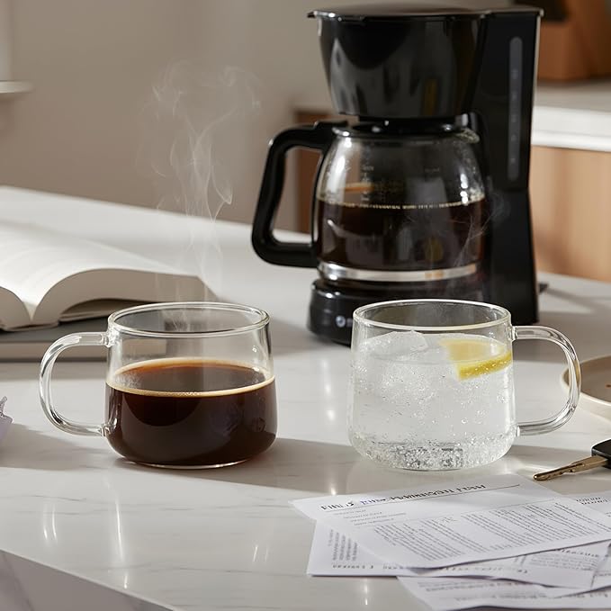 Aquach 16oz Glass Coffee Mugs Set of 2, Large Clear Borosilicate Tea Cups | Dishwasher/Microwave Safe, Single-walled, Smooth Rim, Low-profile Height, Comfort Handle, Home Office