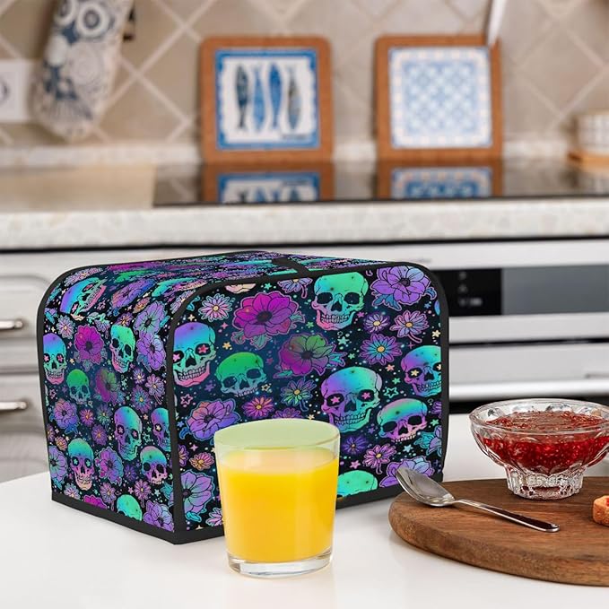 Skull Colored Cool 4 Slice Toaster Cover Dust And Fingerprint Bread Maker Cover Bakeware Protector Washable Appliance Covers Kitchen Accessories For Home Kitchen Women Gift