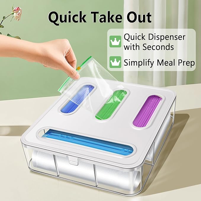 Kevenal Food Storage Bag Organizer – Expandable Sandwich Bag Dispenser with 4 Compartments, BPA-Free Plastic Kitchen Organizer for Snacks & Meal Prep (Space-Saving Design, Easy Clean)