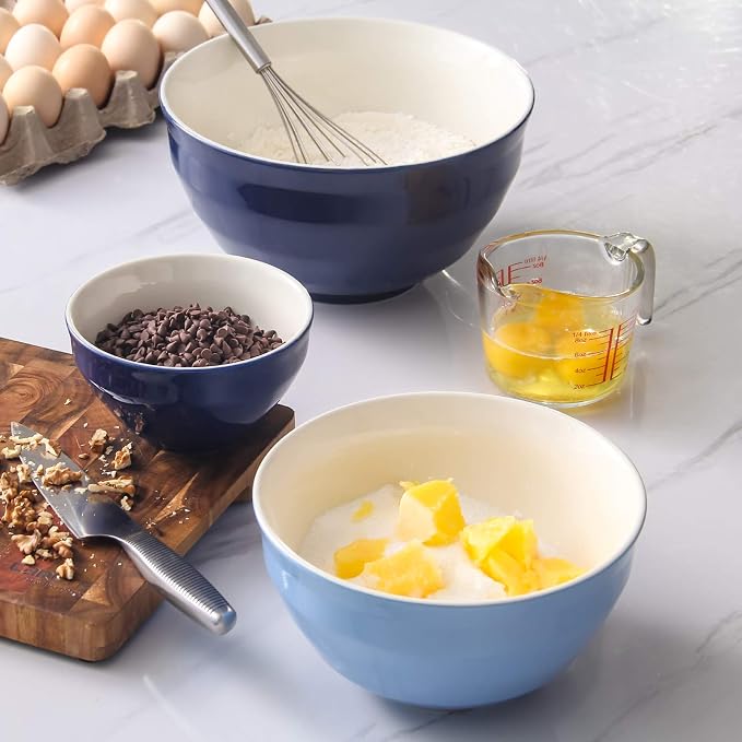 DOWAN Mixing bowls, 4.25/2/0.5 Qt Ceramic Mixing Bowls for Kitchen, Large Salad Serving Bowls, Nesting Mixing Bowls Set, Microwave Safe, Blue