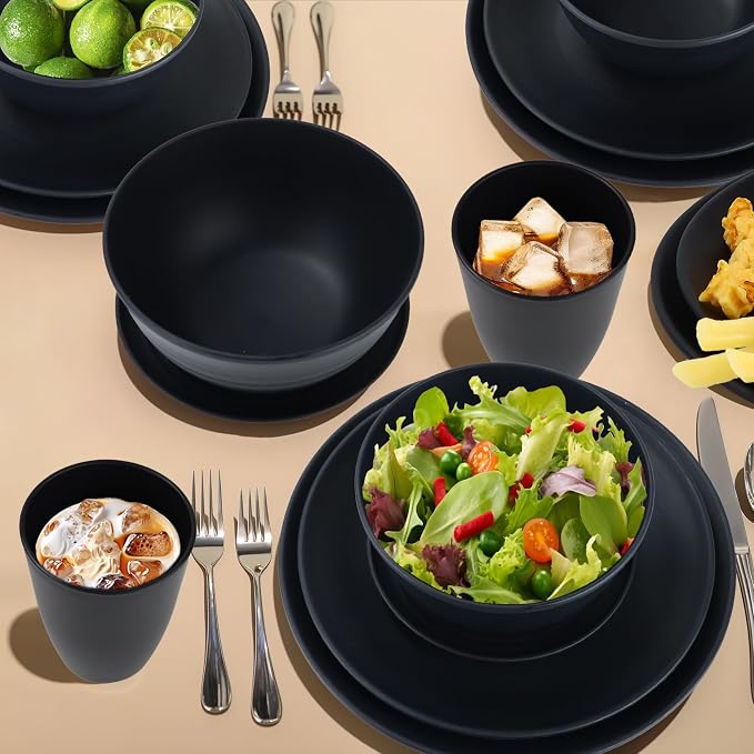 Wrova Wheat straw dinnerware sets of 40-10 inches plates,9 inches plates,6inches snack plate,26oz bowls,12oz cups - Unbreakable plates and bowls sets microwave safe and dishwasher safe. Black