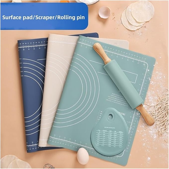 Silicone Measuring Kneading Pad Set Household Rolling Pin Dough Large Thick Non-slip Non-stick Bottom Baking Tool(Three piece set blue)