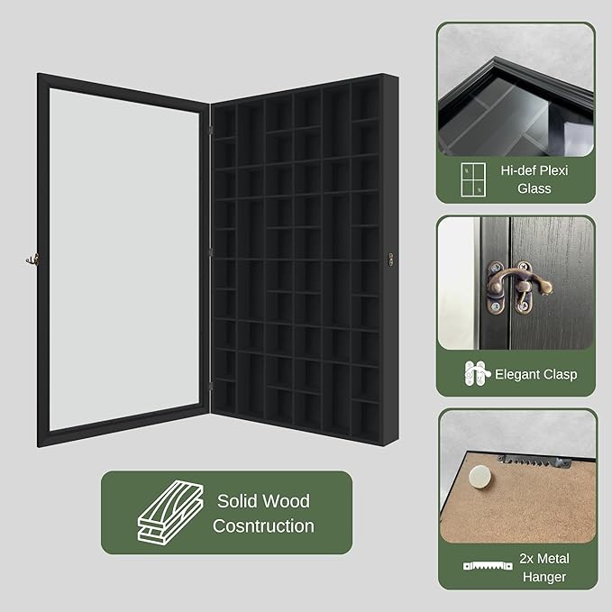 Shot Glass Display Cabinet Solid Wood - Large Display Case for Collectibles | Man Cave Accessories | UV Protection Acrylic Door | Wall Mounted Black Shadow Box | 52 Divided Slots | 32" x 17"