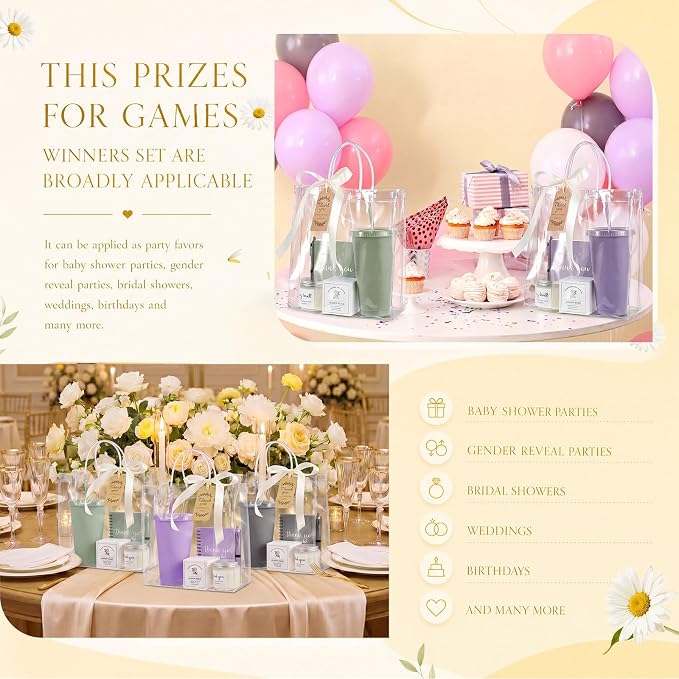 Nuogo 12 Sets New Parent Shower Prizes for Player Winners Adult, Wedding Bridal Shower Gift, Plastic Tumbler Notebook Scented Candle Ballpoint Pen Bag (Light Morandi Color,Classic Style)