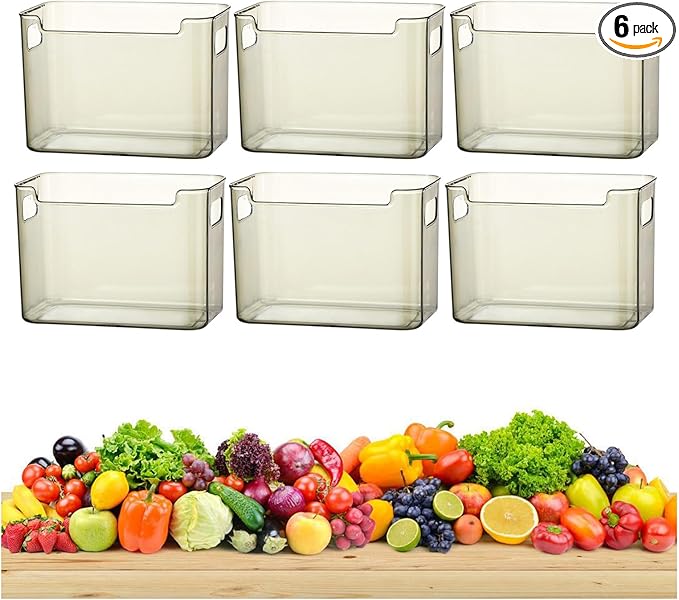 2/4/6/8 Pcs Crystal Clear Freezer Storage Bins, Freezer Organizer Bins, Clear Plastic Bins, Stackable Kitchen Cabinet Organizer with Handles for Frozen Food, Meat & Veggies (6, Green, L)