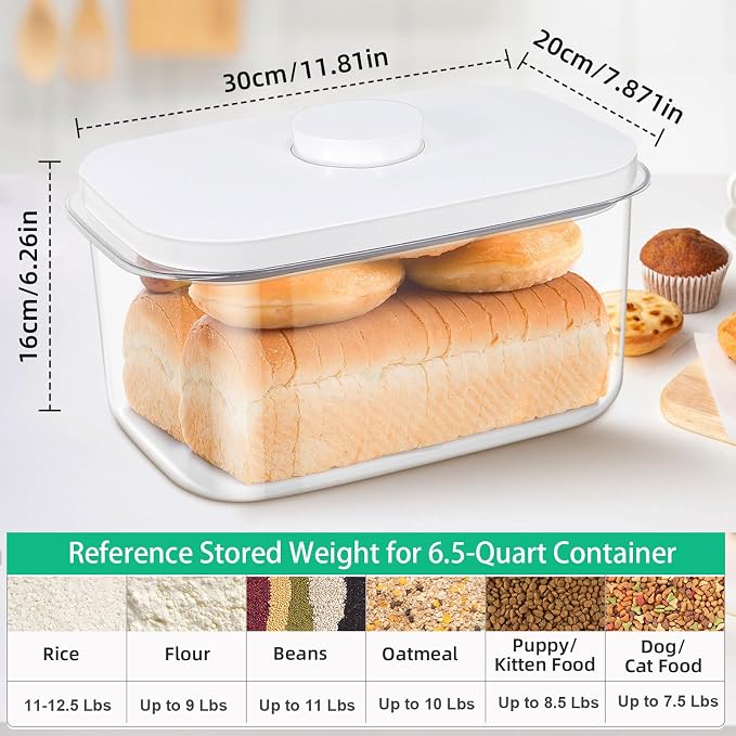 Large Bread Box with Easy-Carrying Handles for Kitchen Countertop, 6.5 Qt Rice Flour Container with Pop Up Lid & Hanging Hooks for Cleaner Use, Airtight Food Storage Bin for Kitchen Organization