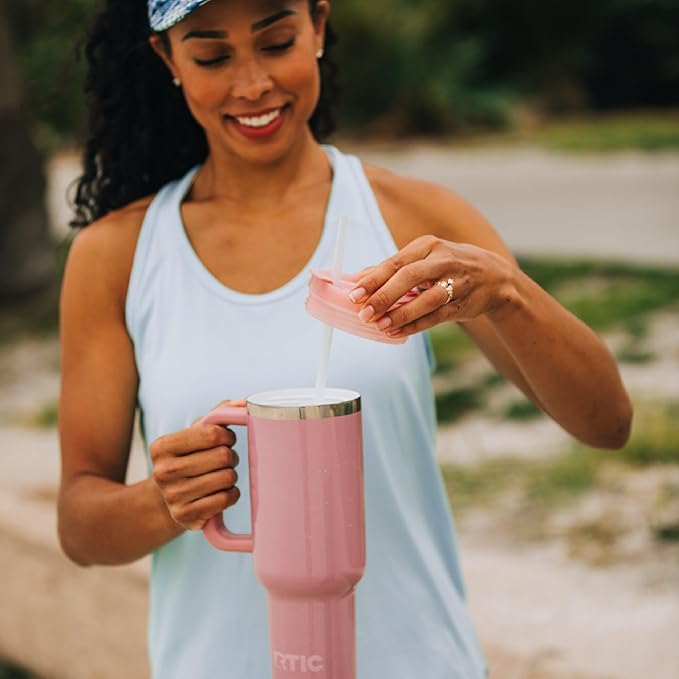 RTIC 40 oz Road Trip Tumbler Double-Walled Cermaic Lined Insulated Stainless Steel Portable Travel Coffee Mug Cup with Lid, Handle and Straw, Dusty Rose Glitter