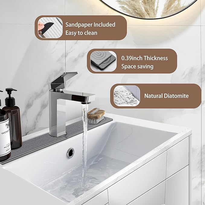 Faucet Mat for Kitchen Sink Diatomite Fast Drying Stone Sink Tray Absorbent Mat Faucet Splash Guard for Kitchen Sink and Bathroom Counter