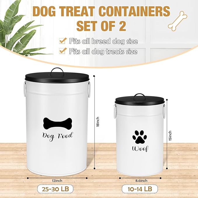 DoubleFill Extra Large 30+14 lb Metal Dog Food Storage Containers Set of 2 Airtight Dog Treat Snack Jars with Lids and Spoon Farm House Style Big Pet Cookie Storage Bin for Kitchen Counter Gift