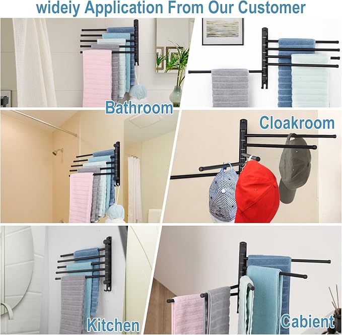 5-Arm Swivel Towel Rack - 180° Rotating Wall Mounted - 304 Stainless Steel Rustproof - Heavy Duty Space Saving for Bathroom Kitchen Laundry Room (Matte Black)