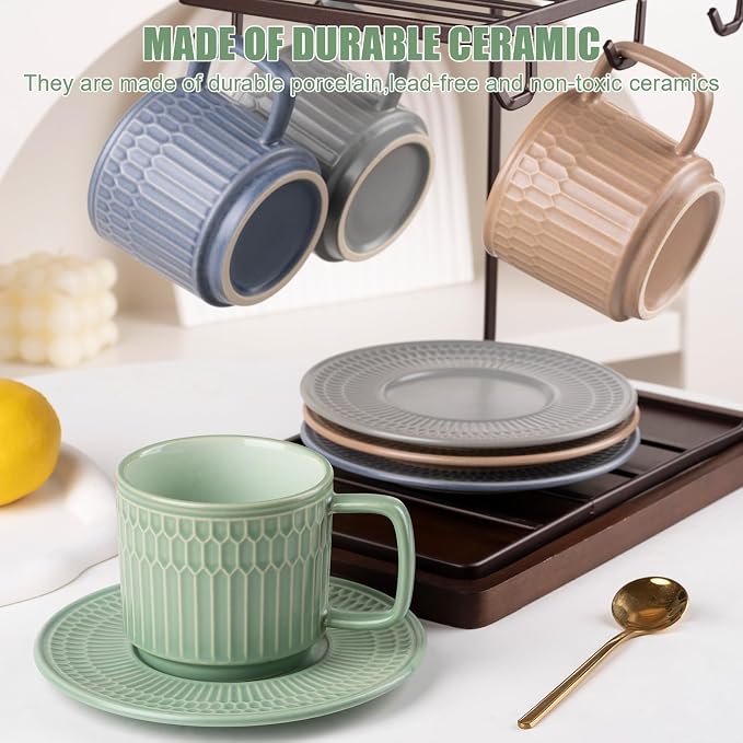 8oz Cappuccino Cups with Saucers Set of 4, 8 Ounce Stackable Embossed Ceramic Coffee Mugs for Specialty Coffee Drinks, Latte Mugs, Cafe Mocha and Tea, Dishwasher & Microwave Safe (Mix)