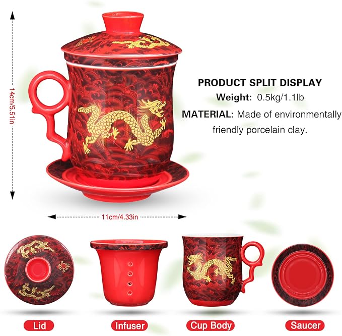 2 Pack - Ceramic Tea Cup with Infuser and Lid Tea Mugs Teaware with Filter and Coaster Porcelain Tea Steeping Mug - 13.5 oz / 400ml