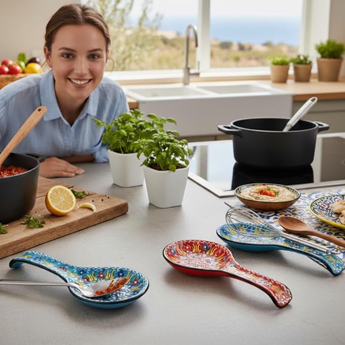 BCS Spoon Rest Set of 2 - Ceramic Spoon Holder for Stovetop & Kitchen Counter - Dishwasher Safe Handmade Kitchen Utensil (Blue-Red 4.5” W x 9" L)