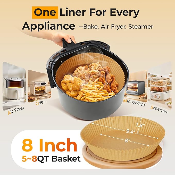 100Pcs Air Fryer Paper Liners Disposable, 8 Inch Max Xl Large Cooker Air Fryer Disposable Paper Liners, Oil Proof Parchment Sheets Round Basket Bowl Liner for Baking